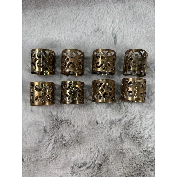 Vtg Brass Napkin Rings Scroll Cutout Set of 8 Boho Brass Tone Vintage Style