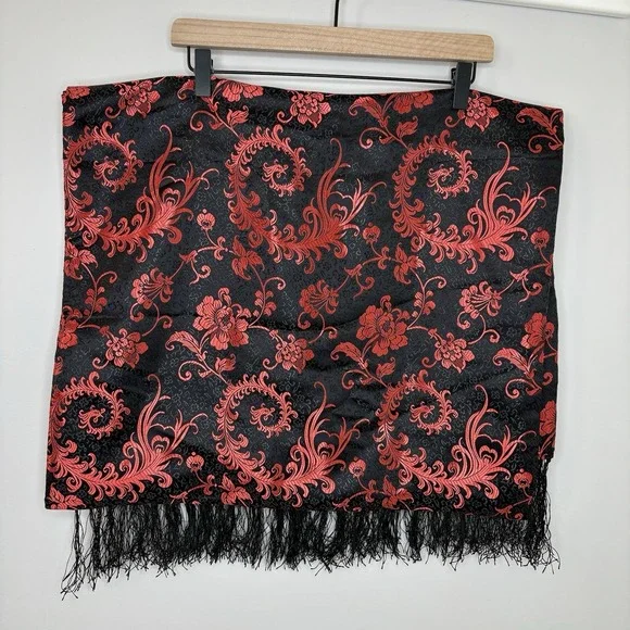 Chinese 100% Silk Fabric Table Runner‎ Red Black Tapestry Oriental Brocade 72X22