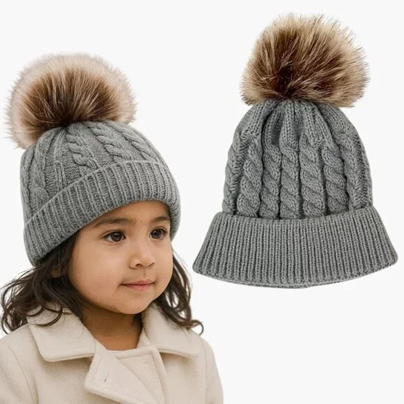 Kids Knit Hat Child Size Gray Cable Knit Faux Fur Pom Beanie Winter Cap