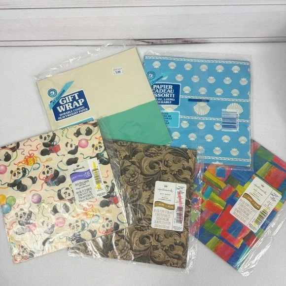 Vintage Hallmark Gift Wrap Lot 5 Packs‎ Pandas Seashells Abstract Floral Designs