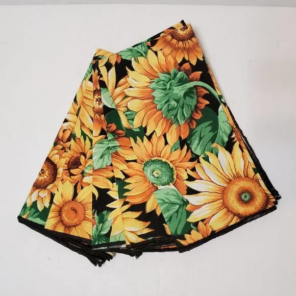 Vintage Sunflower Print Cotton Napkins, Set of 5, Floral, Yellow & Black, 16.5