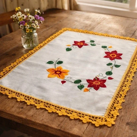 Vintage Hand Embroidered Linen Tablet Topper Crochet Lace Floral Cottagecore