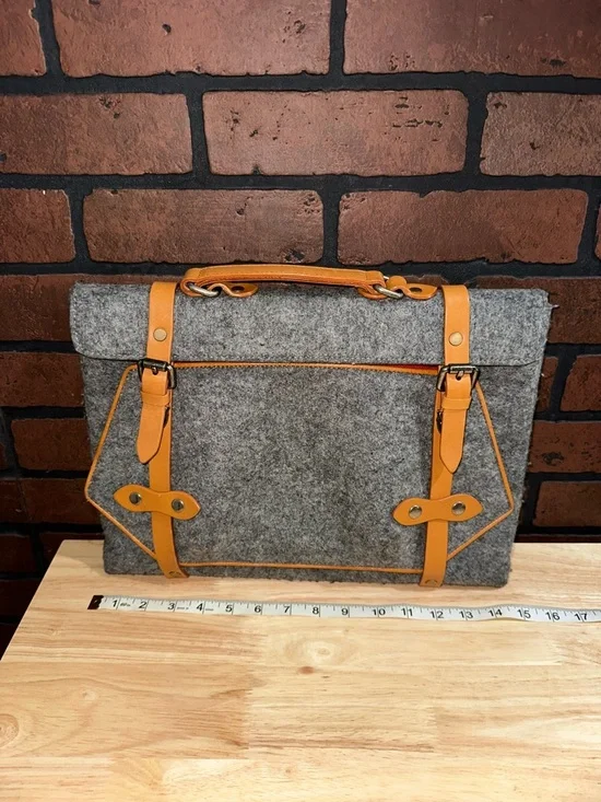 Gray Felt Laptop Bag with Tan Leather Straps