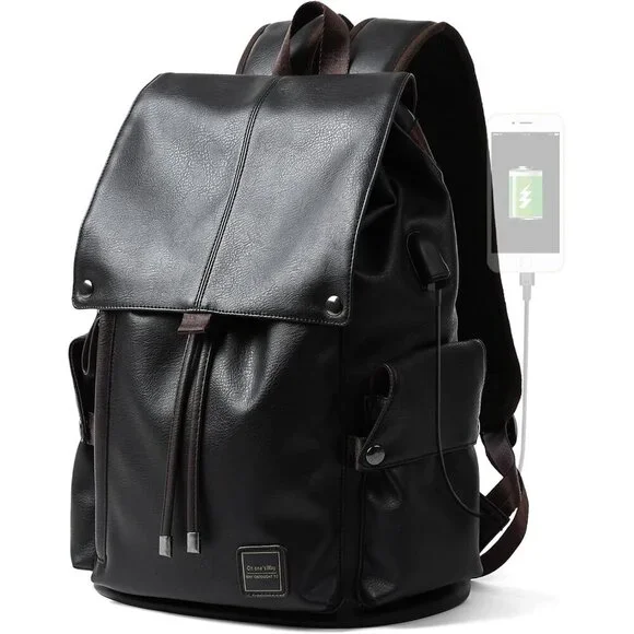 Men's Black Vintage Pu Leather Water-resistant College Casual 15.6