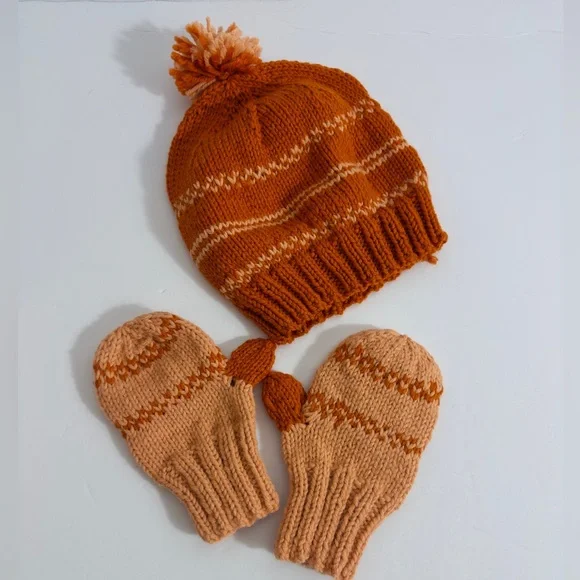 Cozy Orange Knit Hat and‎ Mittens Set for Kids (G9)