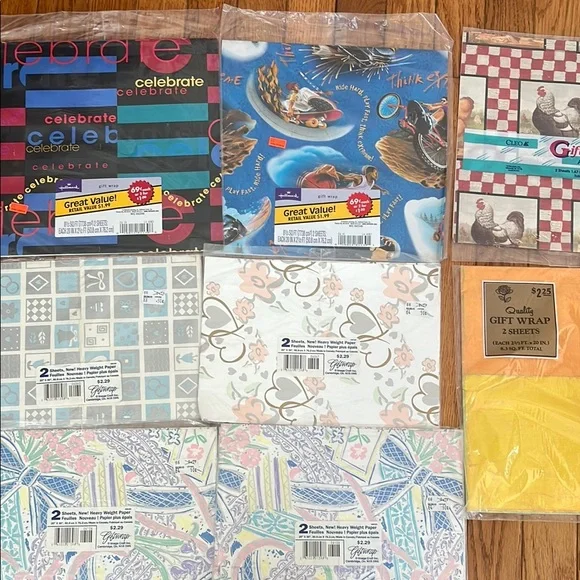 Vintage Gift Wrap Hallmark Cleo Chicken Skateboard Bow Celebrate Party‎ Lot of 8