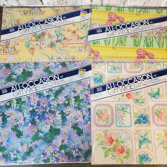 Vtg Turtle Press Gift Wrap - 4 Packs - 8 Sheets Total NOS Florals,‎ Bunny Garden