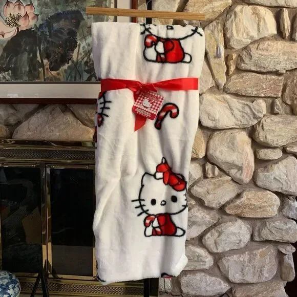 Hello Kitty faux rabbit fur Candy cane Christmas blanket holiday blanket