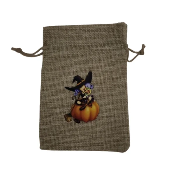 10 Pack- Halloween Burlap Gift Bag w/drawstring, Witch on PumpkinDesign