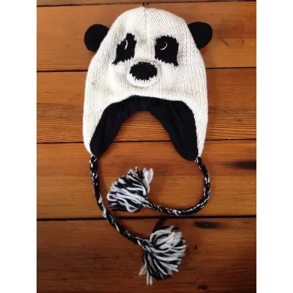 World Market 100% Wool Fleece Lined Panda Bear Head Hat Nepal Ear Flaps