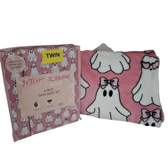 Betsey Johnson Halloween Twin Sheet Set Throw Blanket Friendly Ghosts NEW