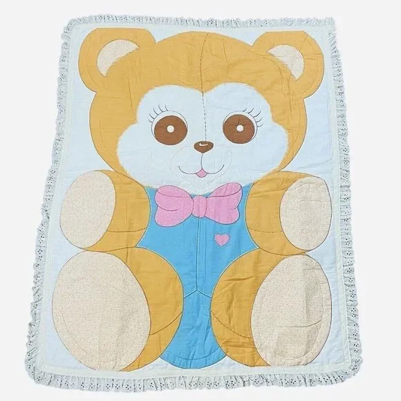 Vintage Quilted Teddy Bear Lace Trim Blanket 48 x 37 Nursery Baby Cute Kawaii
