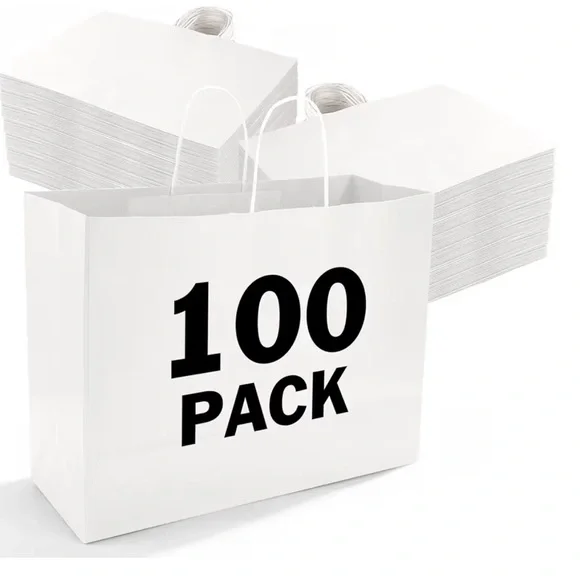 100Pcs 16x6x12 Inches White Large Paper Bags with Handles