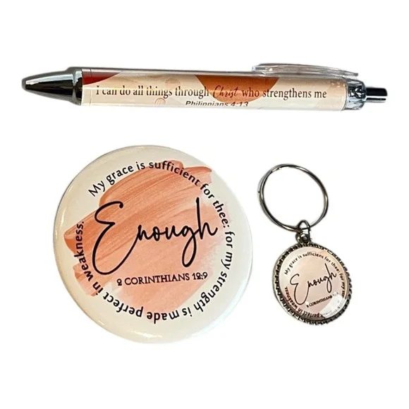 Bible Scripture Pen Button Keychain Set Inspirational Lot of 3 Peach
