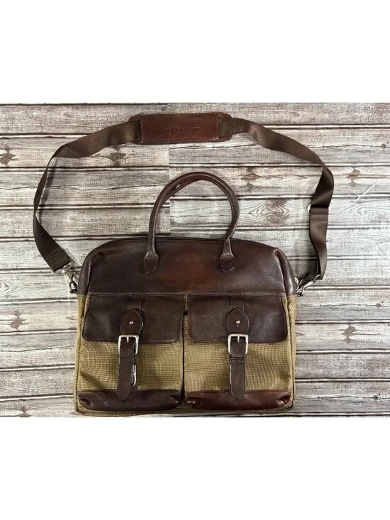 Polo Ralph Lauren Leather Canvas Heritage Logo Messenger Laptop Bag Brown Khaki