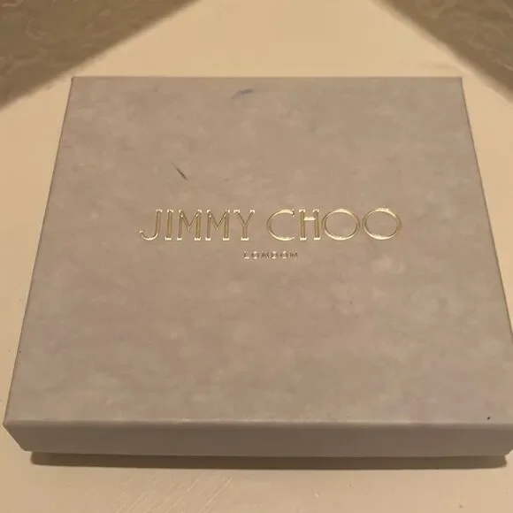 Jimmy Choo Small Square Box Light Gray Gold Lettering Luxury Storage Decor