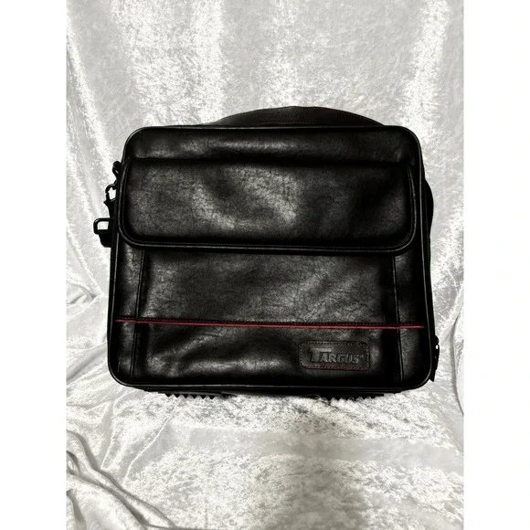 Targus Black Leather Laptop Messenger Bag Red Stitching Tech Case Carry Strap