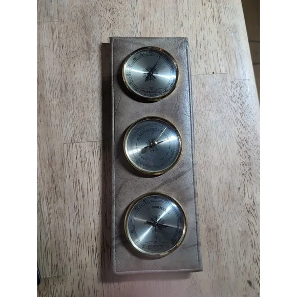 Unique Vintage Leather‎ Encased Weather Center Barometer Thermometer Hygrometer.