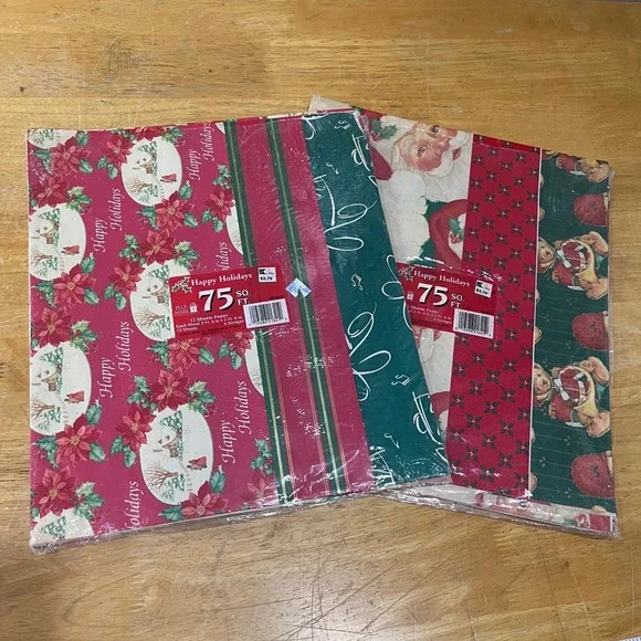 Vtg Plus Mark Christmas Wrapping 24 Sheets 150 Sq Ft Santa Poinsettia 2pk NEW