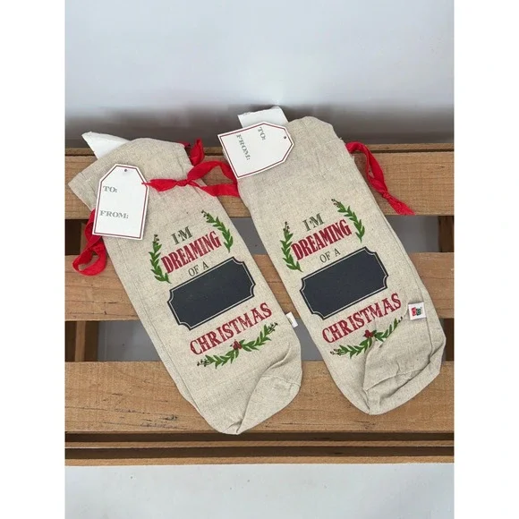 Christmas Wine Gift Bags‎ Set of 2 Linen Chalkboard Panel Red Ribbon