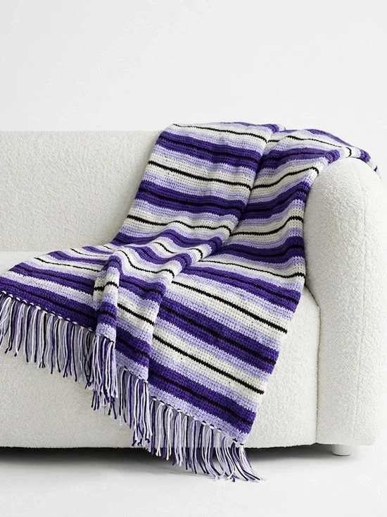 Handmade Throw Blanket Purple Striped Crochet Boho Fringe 50x52