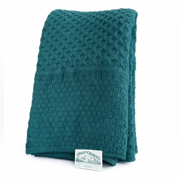 Aran Crafts Ireland Merino Wool Knit Throw Blanket Green 62x54 Irish‎