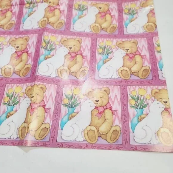 Vintage 90s AGC Kawaii Pink Cute Cuddly Teddy Bear Cat Gift Wrap
