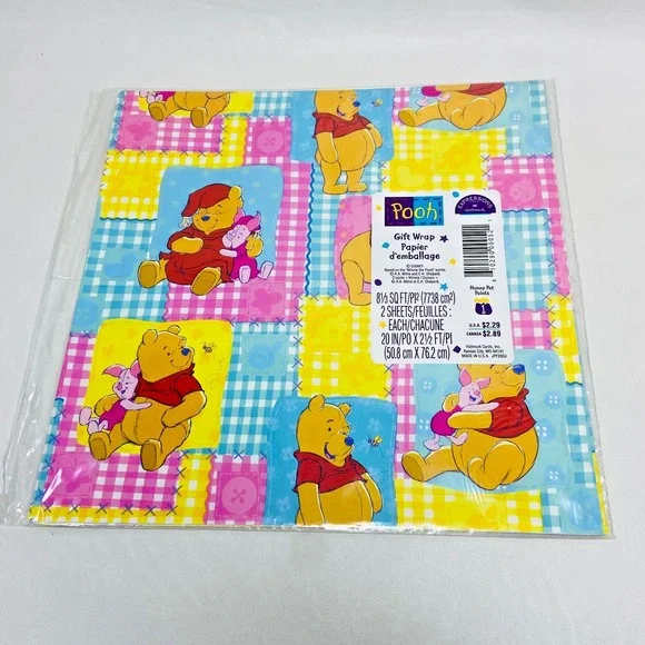 VTG 90s Disney Hallmark‎ Winnie The Pooh Gift Wrap Wrapping Pooh & Piglet Plaid