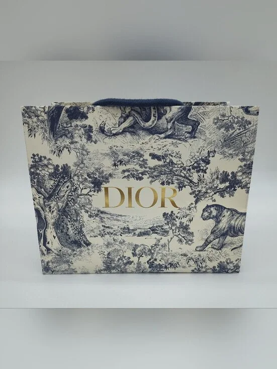 DIOR Toile Jungle Navy Gift Bag Gold Logo Boutique Packaging Tiger Medium EUC