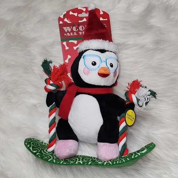 Christmas Penguin On Snowboard Squeaker Dog Toy New With Tags