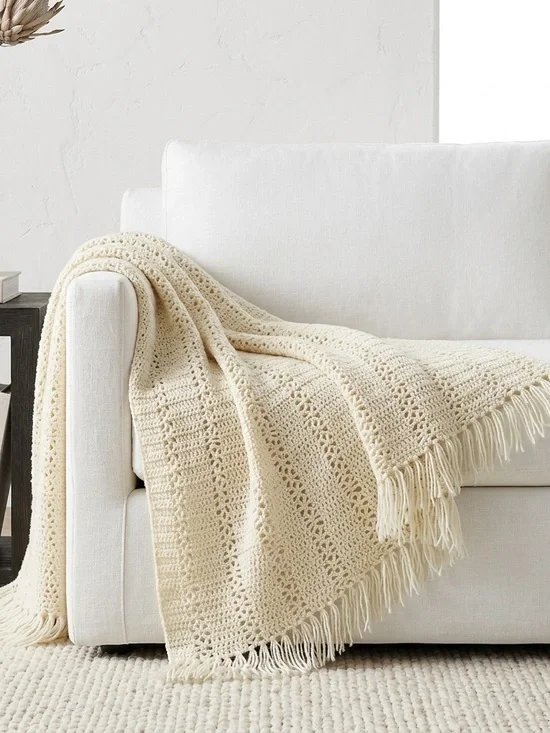 Handmade Cream Crochet Fringe Square Throw Blanket Boho 52x52