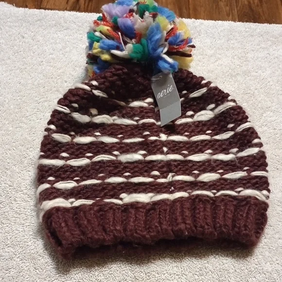 Aerie Kids' Brown and White Striped Beanie with Colorful Pom-Pom