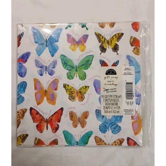 Vintage Butterfly Gift Wrap Paper Butterflies on White Watercolor 2 Sheets NEW‎