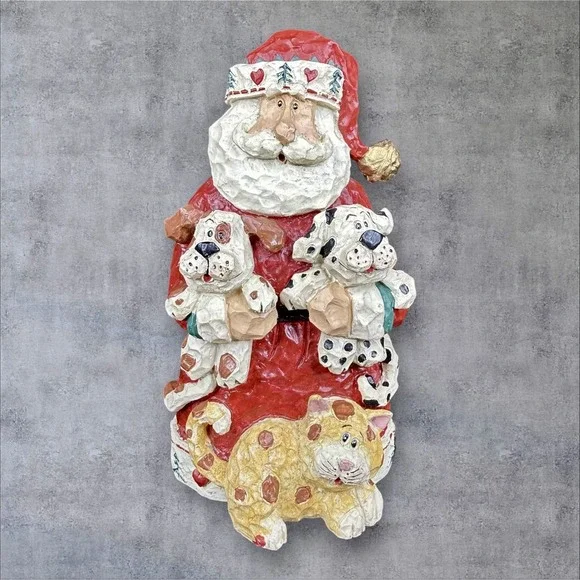 Santa's Pets With Dogs And Cat Carved Wood Look Home Interiors 1999 Vintage