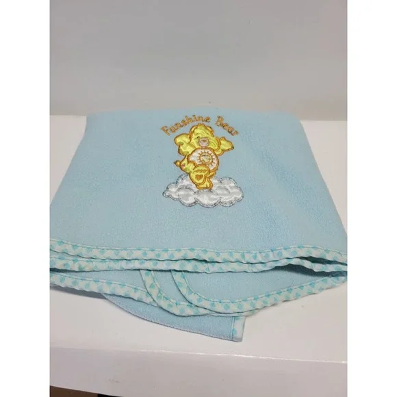 Vtg Care Bears Sunshine Bear Baby Blanket Blue Clouds Embroidered Fleece 30x40‎
