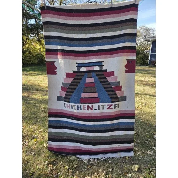 Vintage Handwoven Mexican Sherpa Blanket Tapestry‎ Rug Chichen Itza 44x76 Aztec
