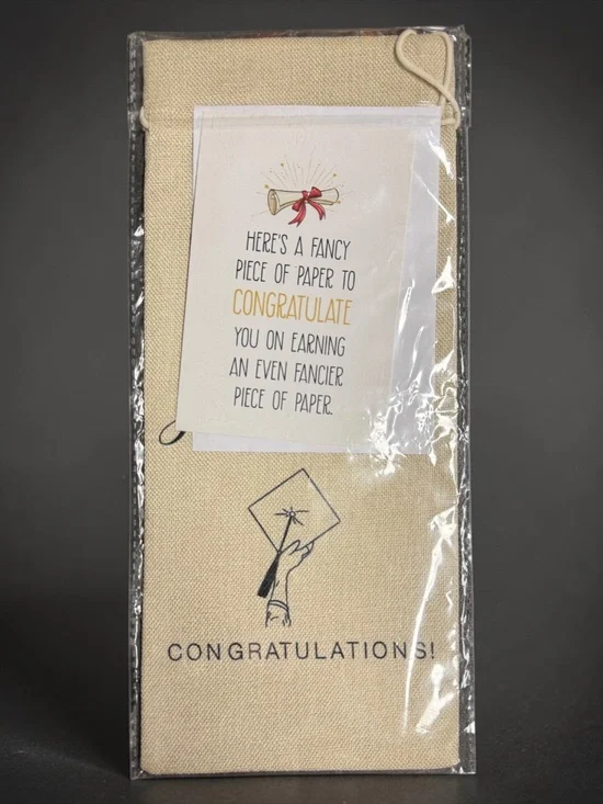Graduation Linen Wine Bag Gift Set w Card & Envelope NIP