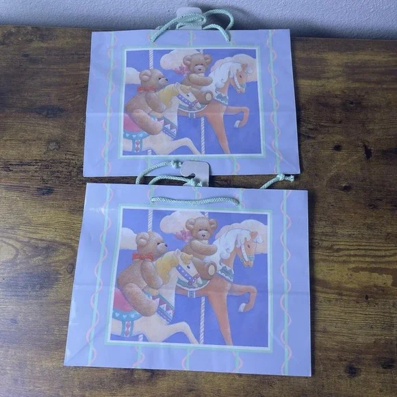 Vtg Lot Of 2 Teddy Bear Carousels Gift Bags 12.5