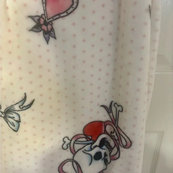 Ed Hardy White and Pink Plush Throw with Skull and Rose Design