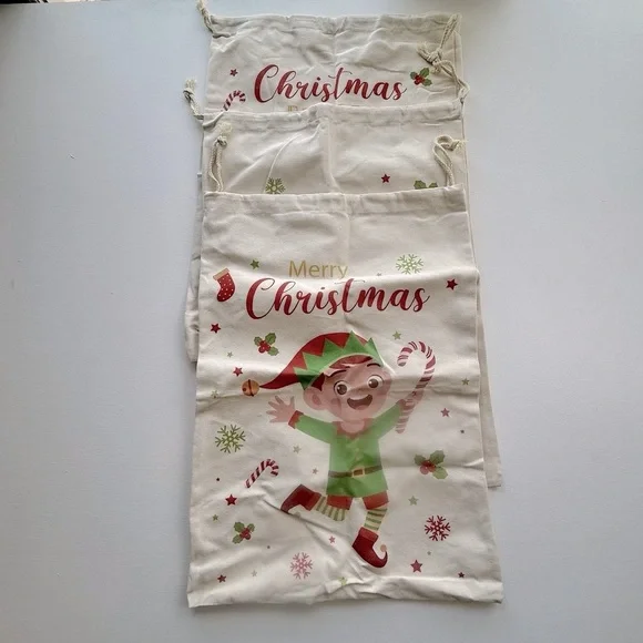 Large Christmas Holiday Gift Bag Elf Lot‎ Of 3 Ivory Color 24 Inches Cloth.