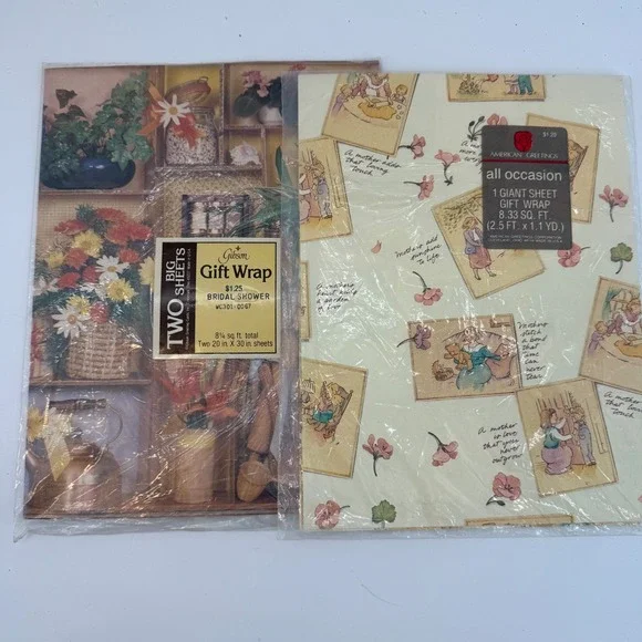 Vintage Wrapping Paper Lot of 2 Giant Sheets Bridal Shower‎ Baby Shower