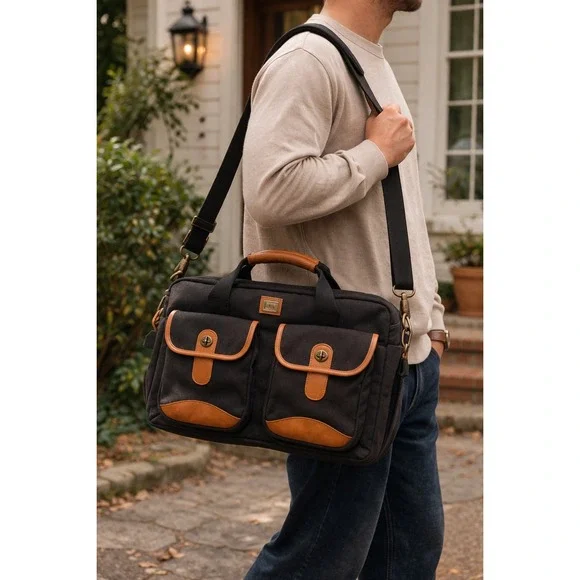 Totes‎ Y2K Black Canvas Briefcase Expandable Messenger Travel Laptop Bag Utility