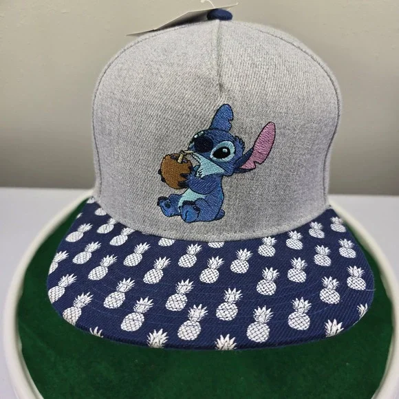 Disney Stitch Kids Snapback Hat Gray Pineapple Print Flat Bill Adjustable Cap