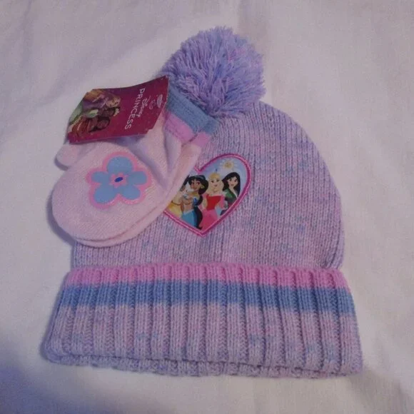 Disney Princess Knit Pom Toddler Beanie Hat Cap Mittens 2 Piece Set NWT