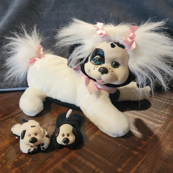 Vintage Puppy Surprise Mom Black White‎ Dog Plush 1991 Hasbro 2 Puppies