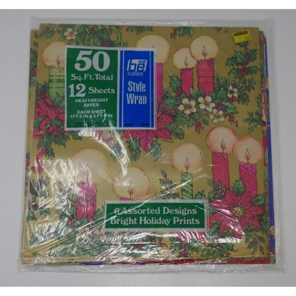 B&E Sales Vintage Holiday Gift Wrap Christmas Flat Wrapping Paper