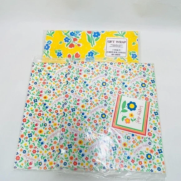 VTG NOS Wrapping Paper Hallmark Ambassador Primary Floral 1990s Gift Wrap Yellow