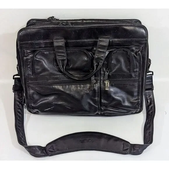 TUMI Alpha Expandable Large Leather Briefcase‎ Laptop Messenger Shoulder Bag