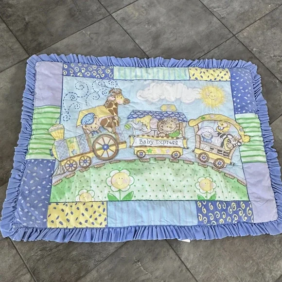 Baby Express Quilt Blanket Blue‎ Ruffle Patchwork Animals Train Nursery Decor