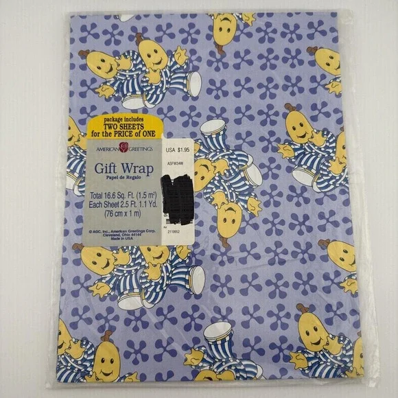 Vintage‎ '90s Bananas in Pajamas Gift Wrap 2 Sheets 16 sq ft Wrapping Paper New!